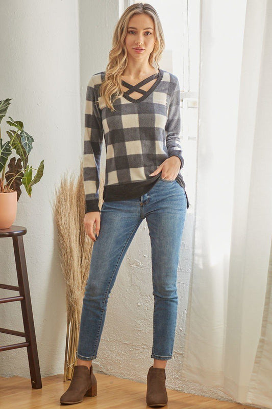 Plaid V Neck Long-sleeved Top