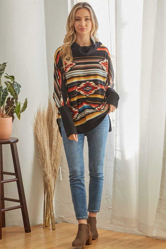 Tribal Patterned Mockneck Longsleeve Top