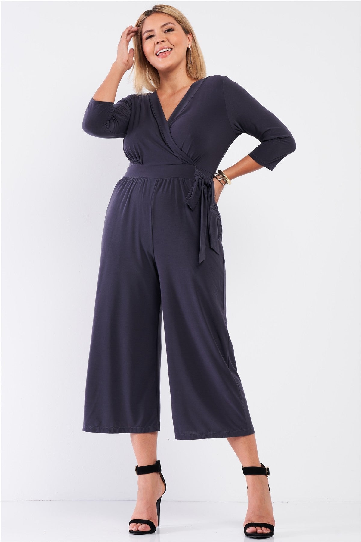 Plus Dark Grey Plunging V-neck Midi Sleeve Self-tie Waist Detail Wide Leg Midi Jumpsuit