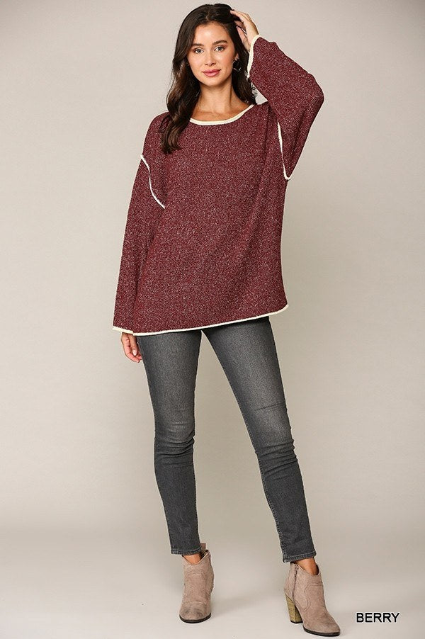 Two-tone Sold Round Neck Sweater Top With Piping Detail