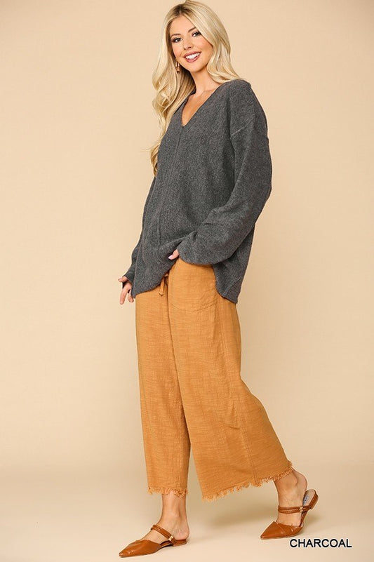 V-neck Solid Soft Sweater Top With Cut Edge