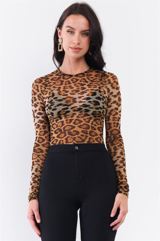 Brown Leopard Print Sheer Mesh Crew Neck Long Sleeve Bodysuit