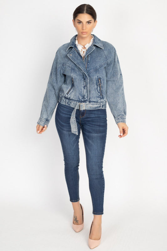 Ribbed Hem Belted Denim Jacket