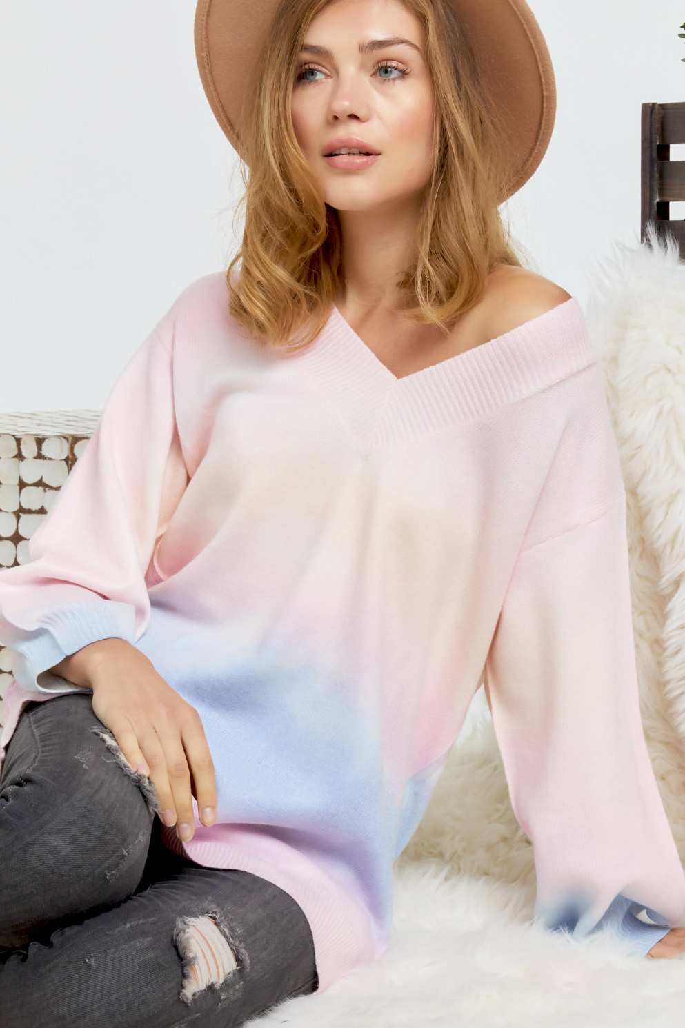 Multi Sherbet Tie Dye Color V Neck Sweater