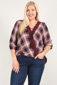 Plaid 3/4 Sleeve Top With Hi-lo Hem, V-neckline, And Relaxed Fit