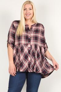 Plus Size Roll Sleeve Baby Doll Plaid Tunic Top