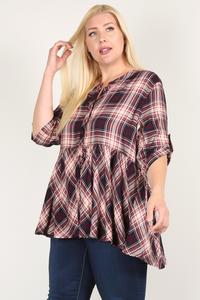 Plus Size Roll Sleeve Baby Doll Plaid Tunic Top