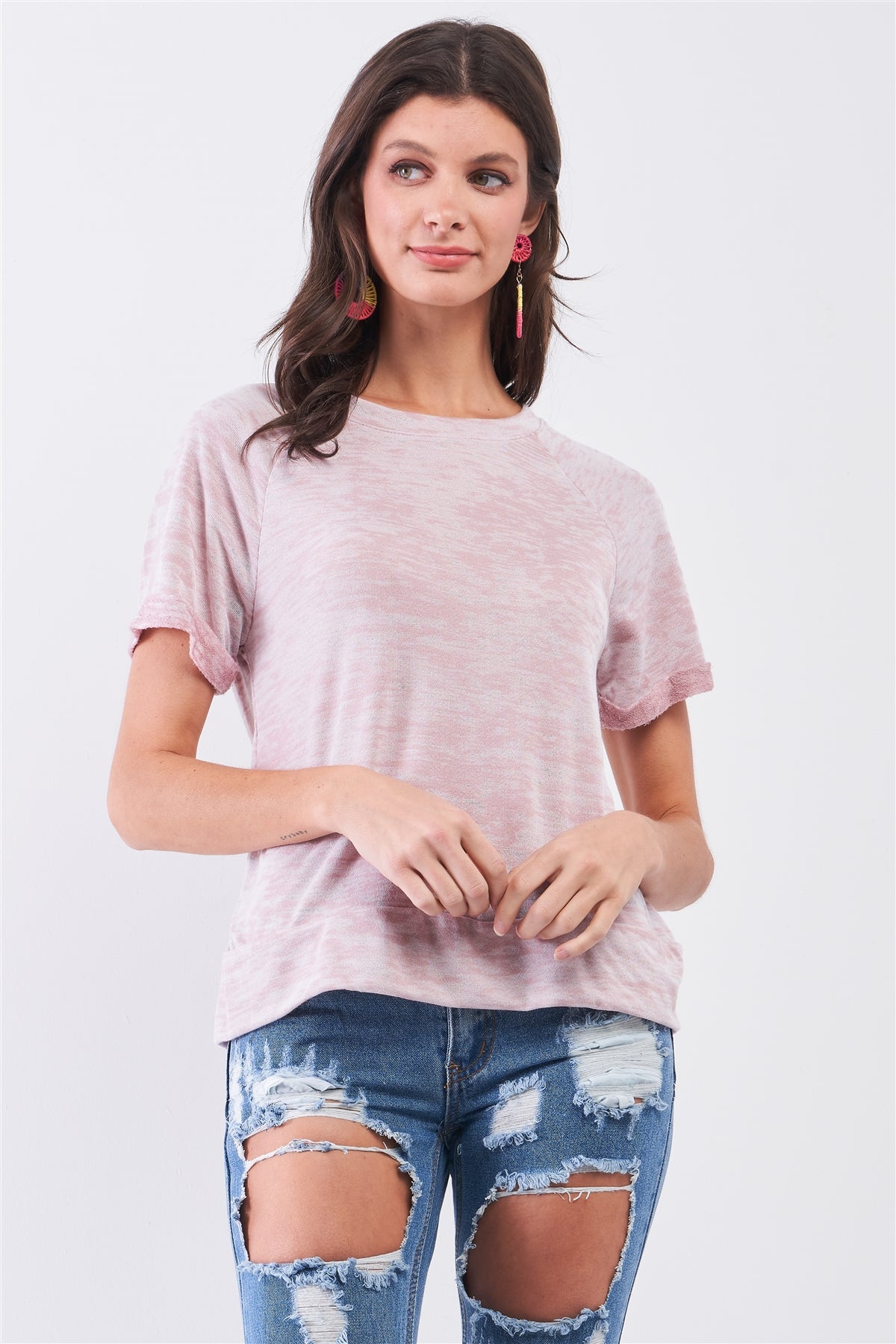 Short Folded Sleeve Round Neck Relaxed Fit T-shirt Top