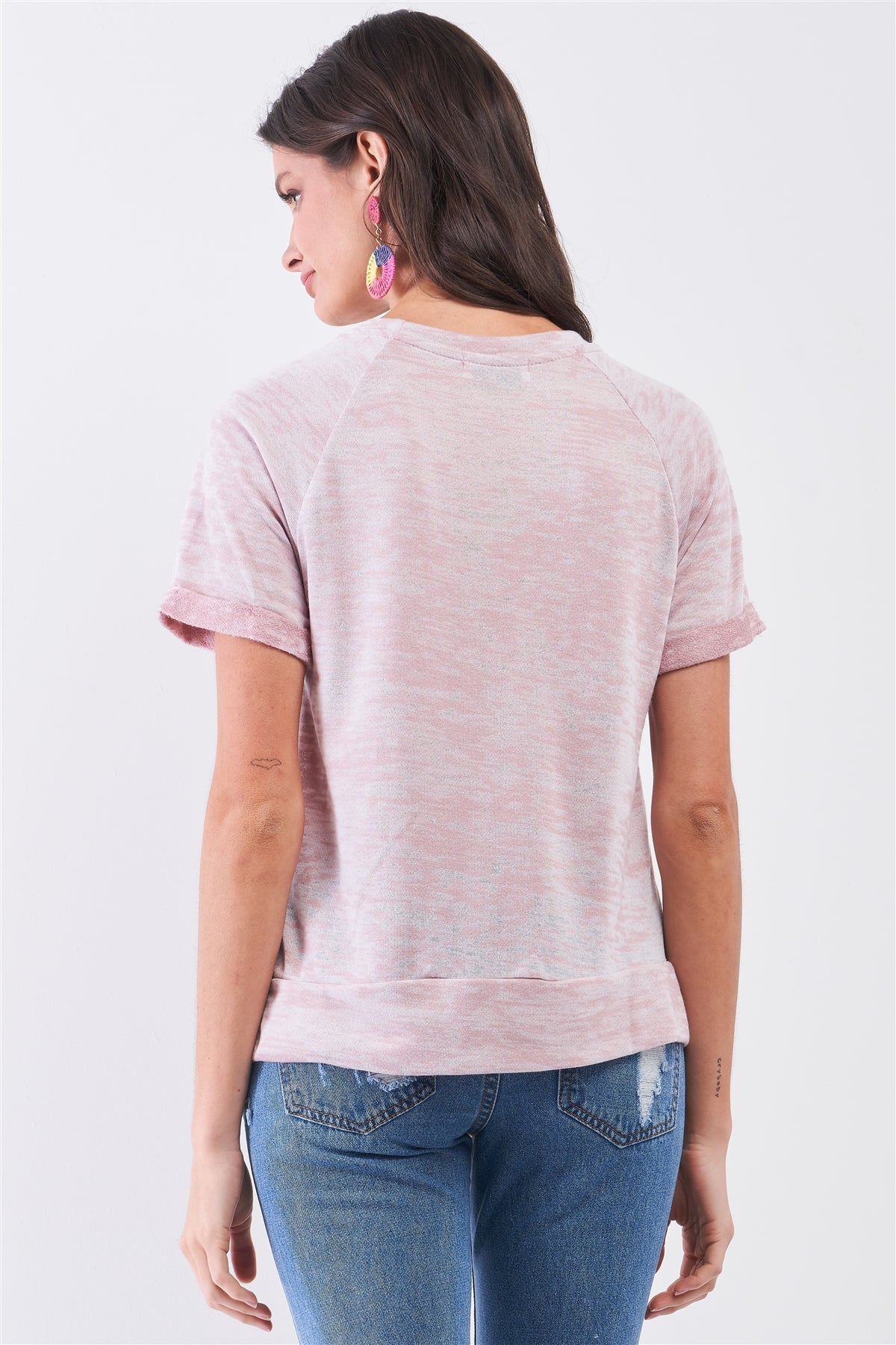 Short Folded Sleeve Round Neck Relaxed Fit T-shirt Top