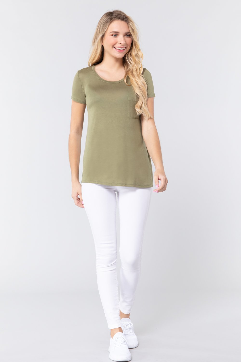 Short Sleeve Scoop Neck Top With Pocket