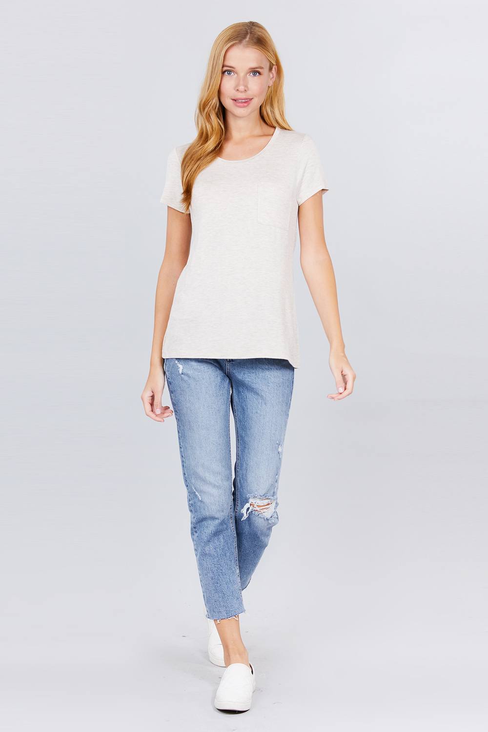 Short Sleeve Scoop Neck Top With Pocket