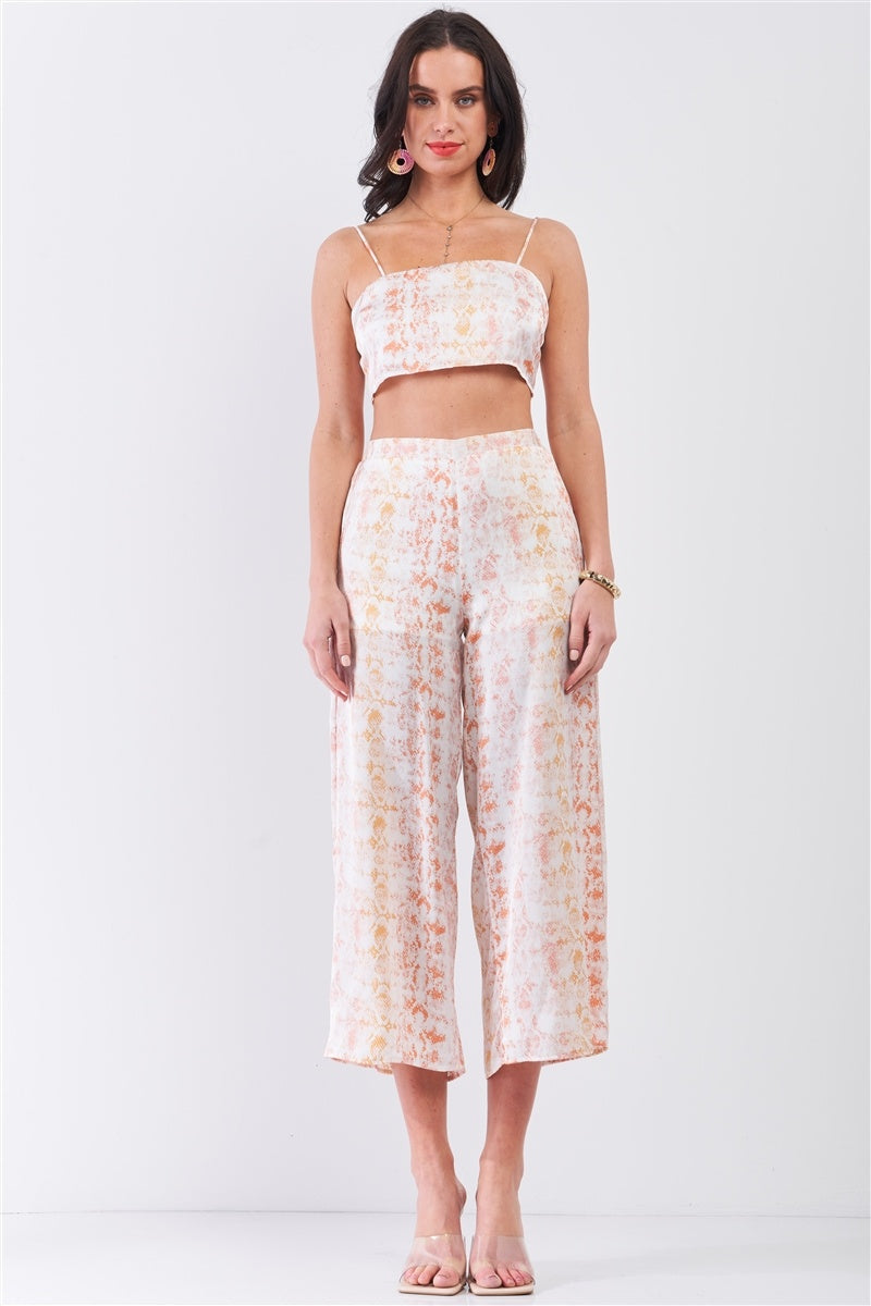 Silky Snake Print Sleeveless Crop Top & High Waist Flare Bottom Pants Set