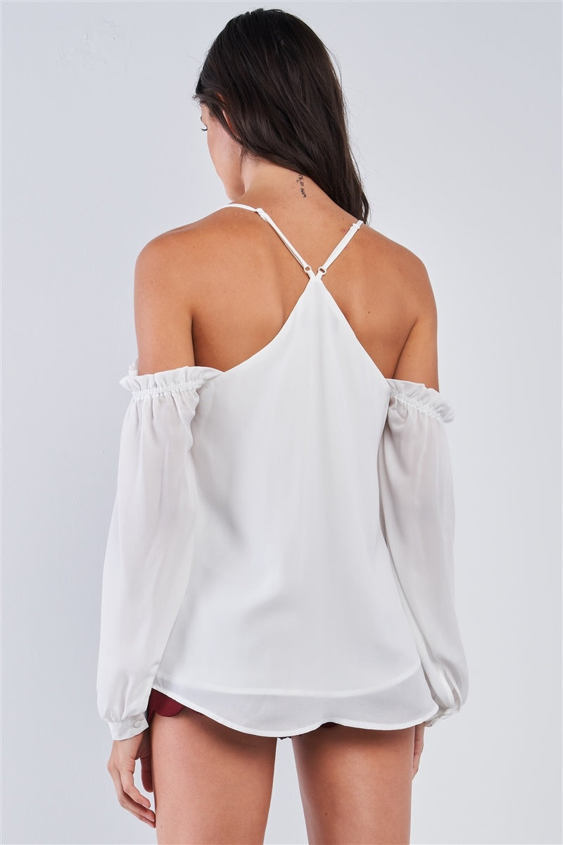 Ariana White Relaxed Fit V-neck Off-the-shoulder Long Sleeve Ruffle Hem Razor Back Top