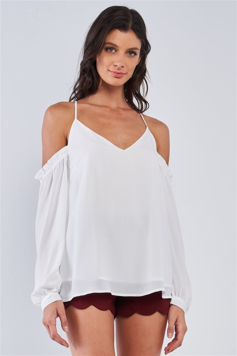 Ariana White Relaxed Fit V-neck Off-the-shoulder Long Sleeve Ruffle Hem Razor Back Top