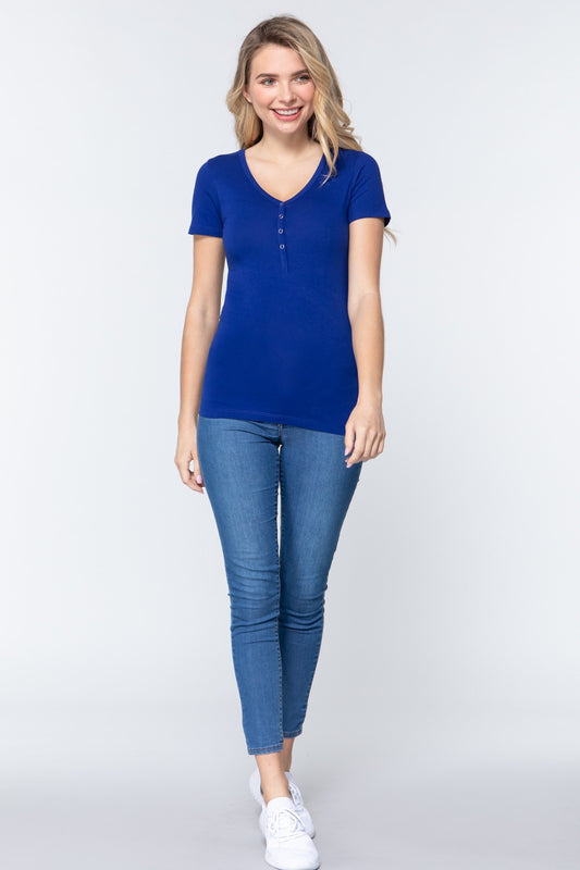 Short Slv V-neck Henley Knit Top