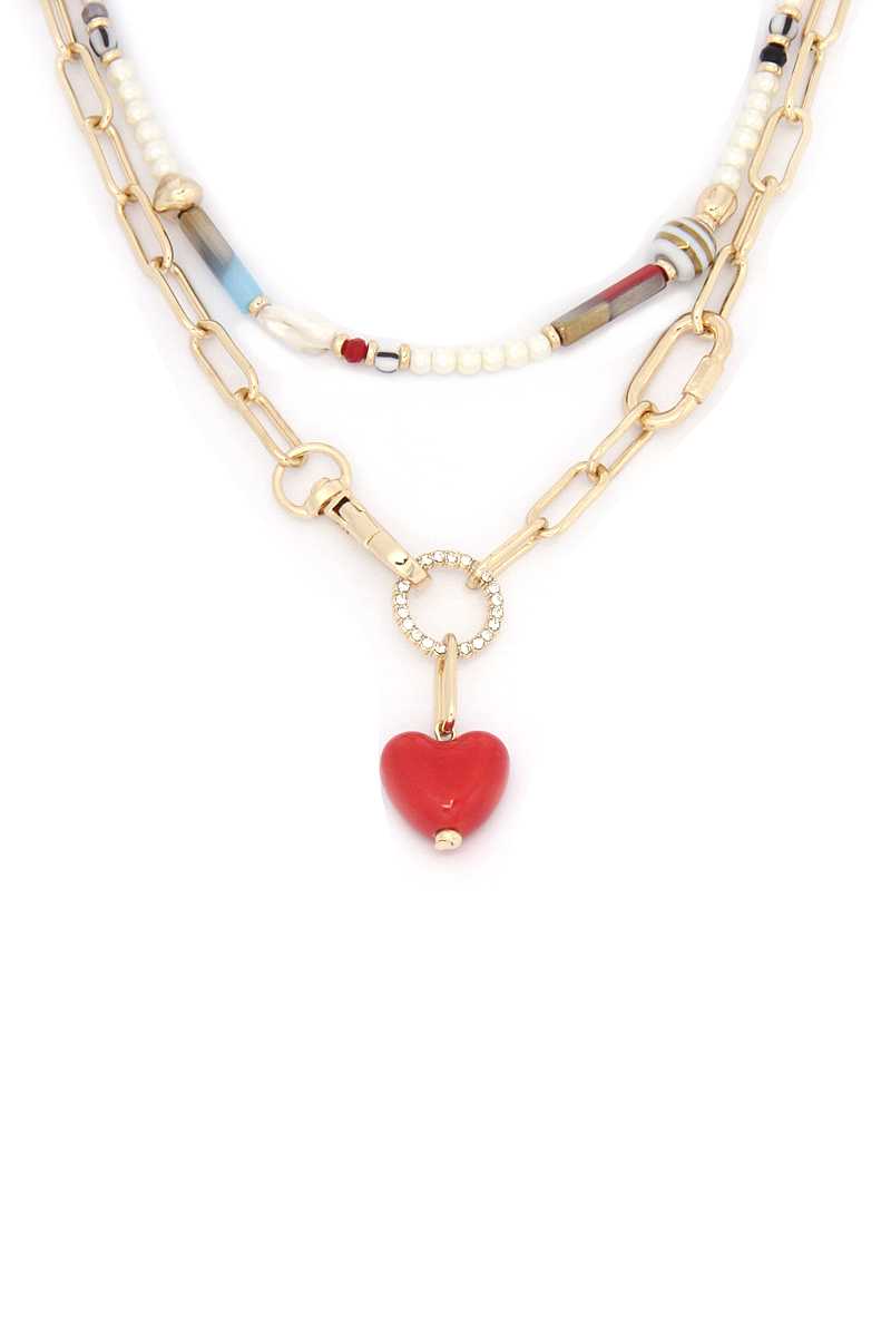 Heart Shape Oval Link Beaded Layer Necklace