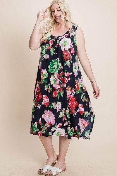 Plus Size Floral Bulgari Printed Tank Midi Dress With Asymmetrical Hem