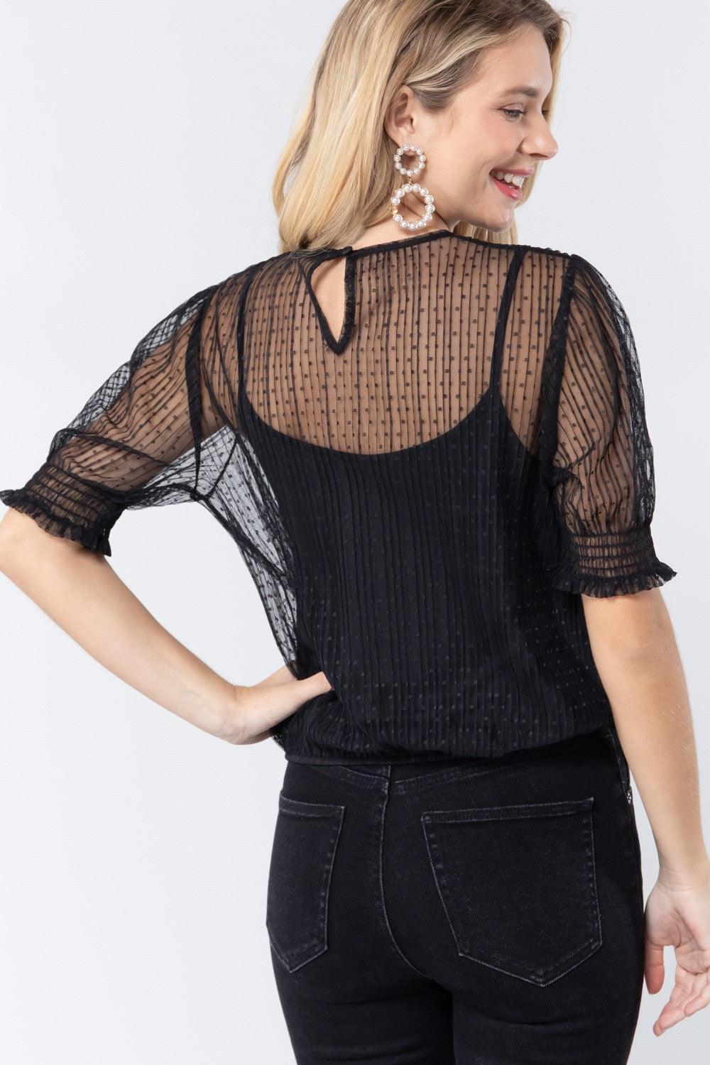 Elbow Slv Dot Mesh Top W/inner Cami