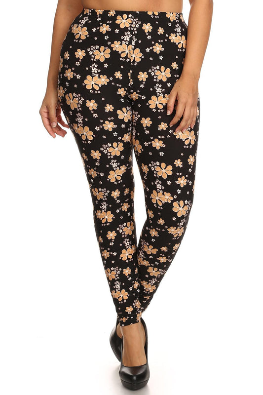 Super Soft Peach Skin Fabric, Floral Graphic Printed Knit Legging With Elastic Waist Detail. High Waist Fit