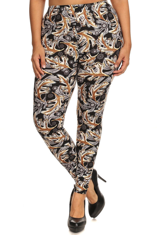 Abstract Leaf Print, Full Length Leggings In A Slim Fitting Style With A Banded High Waist