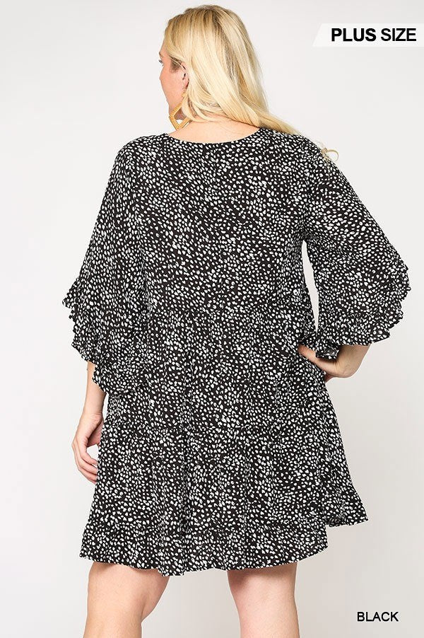 Dot Print Tiered Ruffle Sleeve Dress With Pockets