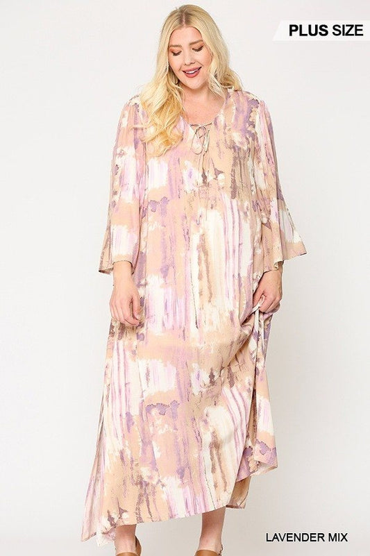 Tie Dye Multi Color Printed Maxi Dress With Lace Up