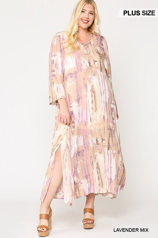 Tie Dye Multi Color Printed Maxi Dress With Lace Up