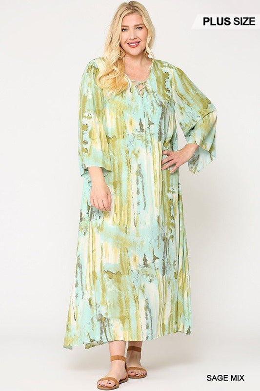 Tie Dye Multi Color Printed Maxi Dress With Lace Up