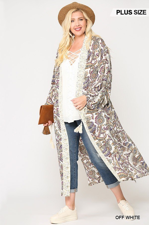 Mix-printed Open Front Kimono With Side Slits