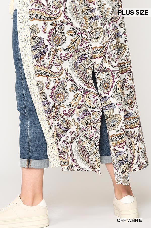 Mix-printed Open Front Kimono With Side Slits