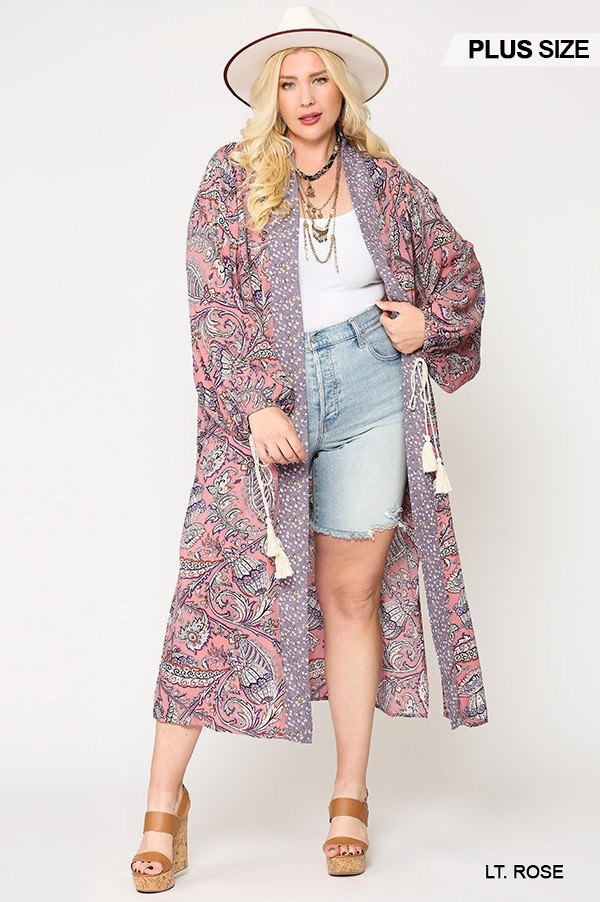 Mix-printed Open Front Kimono With Side Slits