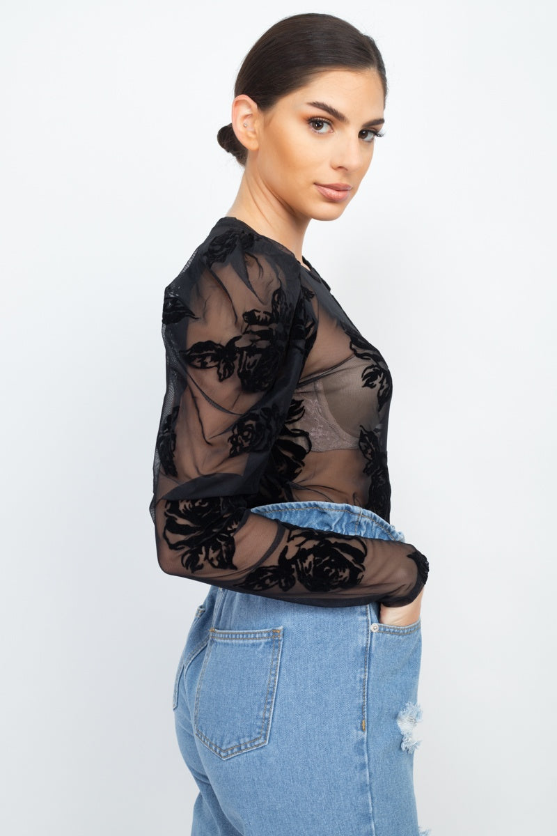 Floral-embroidered Long Puff Sleeves Top