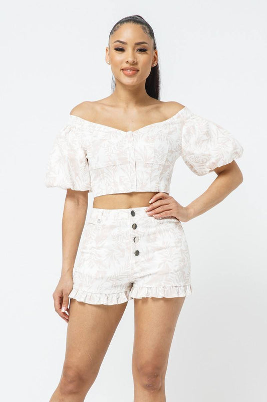 Cotton Off-shoulder Puff Sleeve Crop Top With Front Zipped Matching Shorts Set