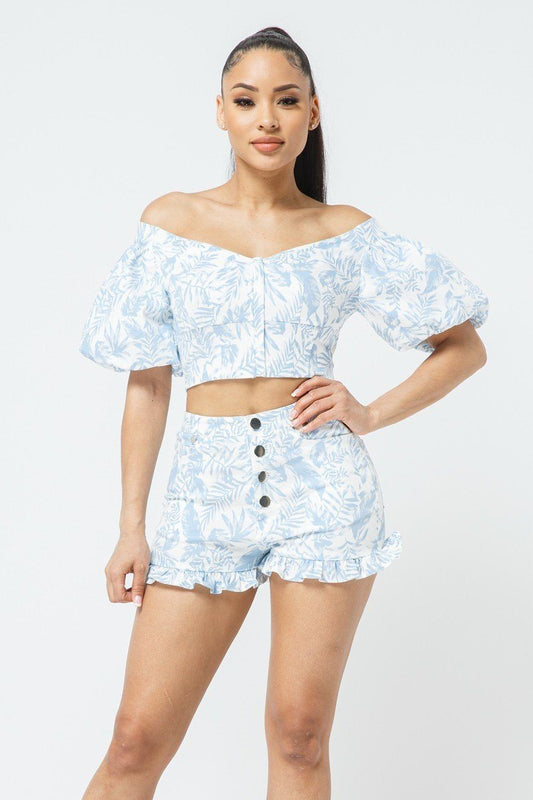 Cotton Off-shoulder Puff Sleeve Crop Top With Front Zipped Matching Shorts Set