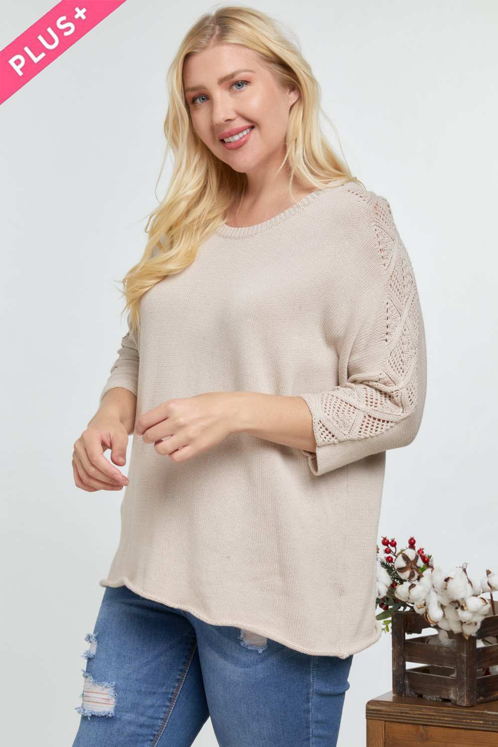 Solid Round Neck 3/4 Sleeve Sweater Top