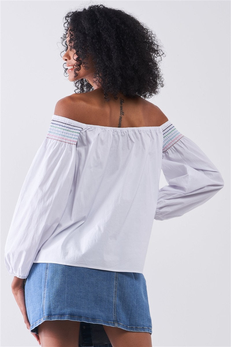 White Multi Shoulder Stitches Off-the-shoulder Long Balloon Sleeve Top