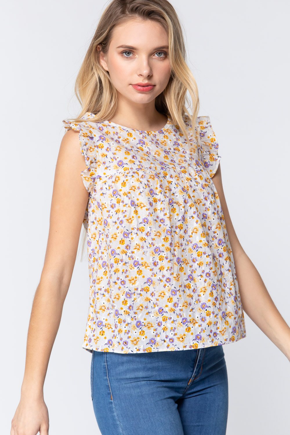 Ruffle Sleeveless Print Woven Top