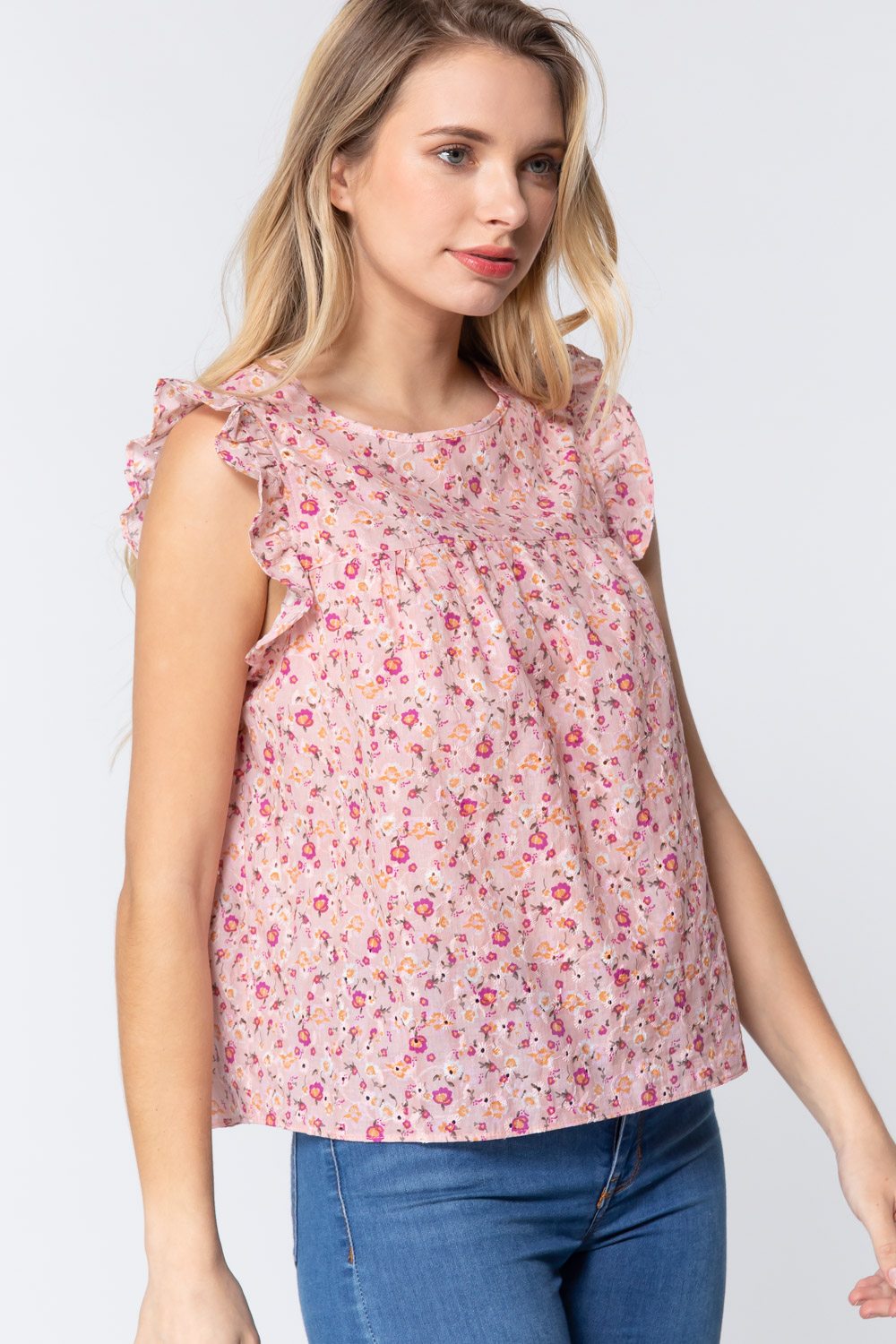 Ruffle Sleeveless Print Woven Top