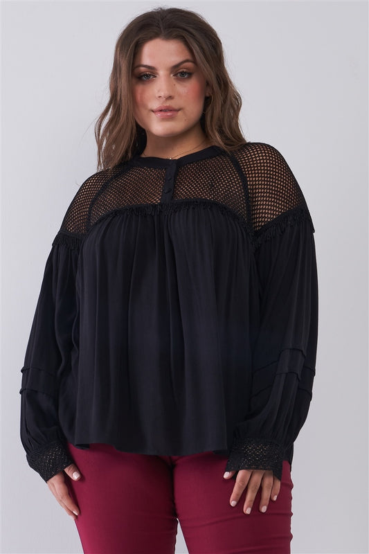 Plus Size Boho Sheer Net Mesh Balloon Sleeve Detail Relaxed Top