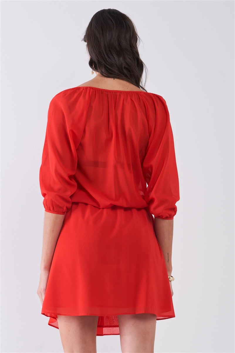 Flame Red Boat Neck Ruffle Collar Midi Sleeve Self-tie Waist Front Button Down Mini Dress