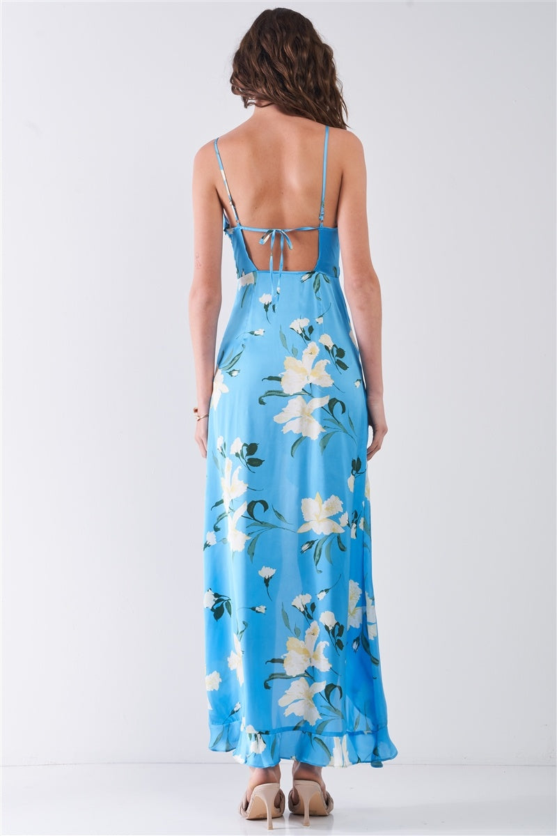 Satin Floral Print Sleeveless V-neck Self-tie Back Ruffle Trim Side Slit Detail Maxi Dress