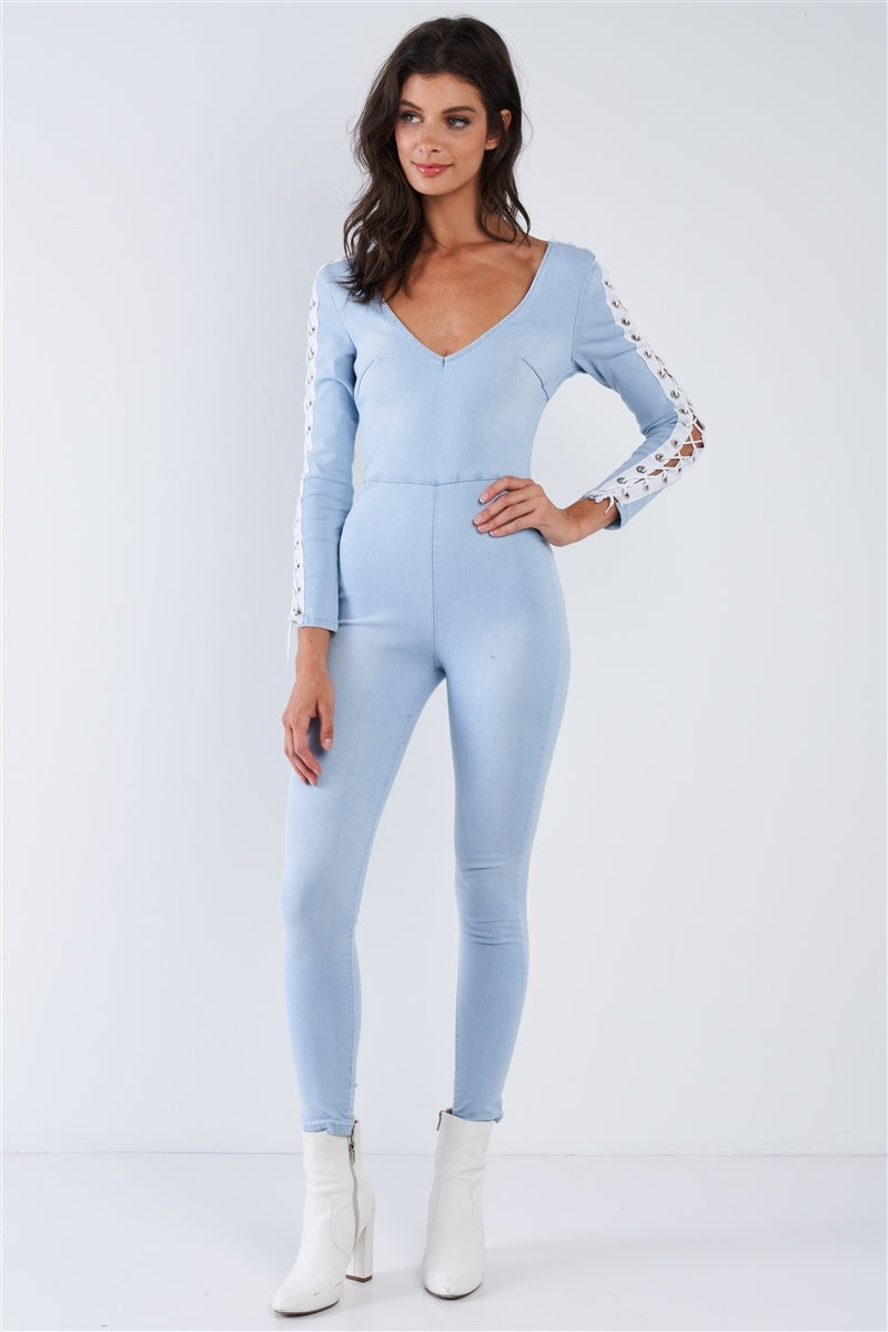 Light Blue Long Sleeved White Side Seam Lace Up V-neck Sexy Denim Jumpsuit