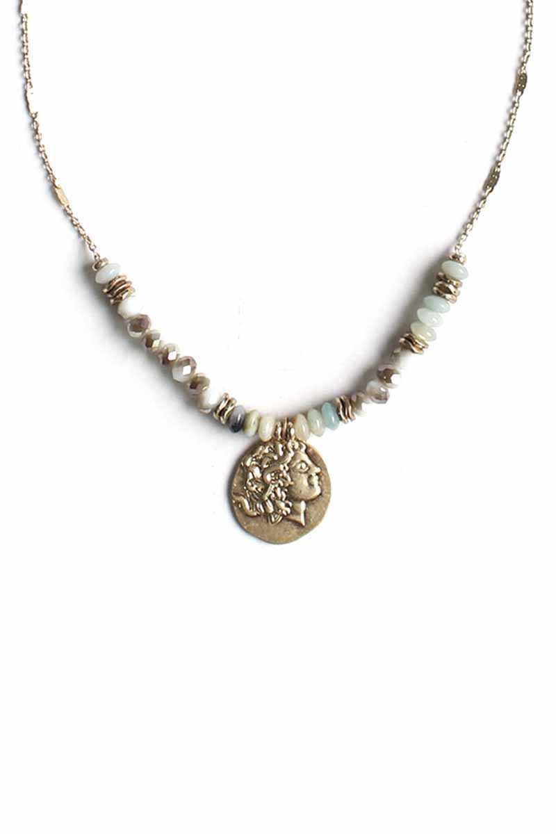 Stone Glass Bead Coin Pendant Necklace