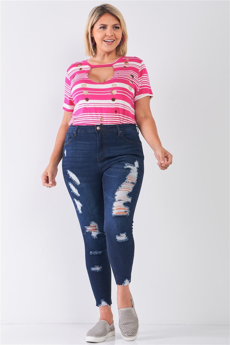 Plus Size Denim Mid-rise Raw Hem Detail Ripped Skinny Jean Pants