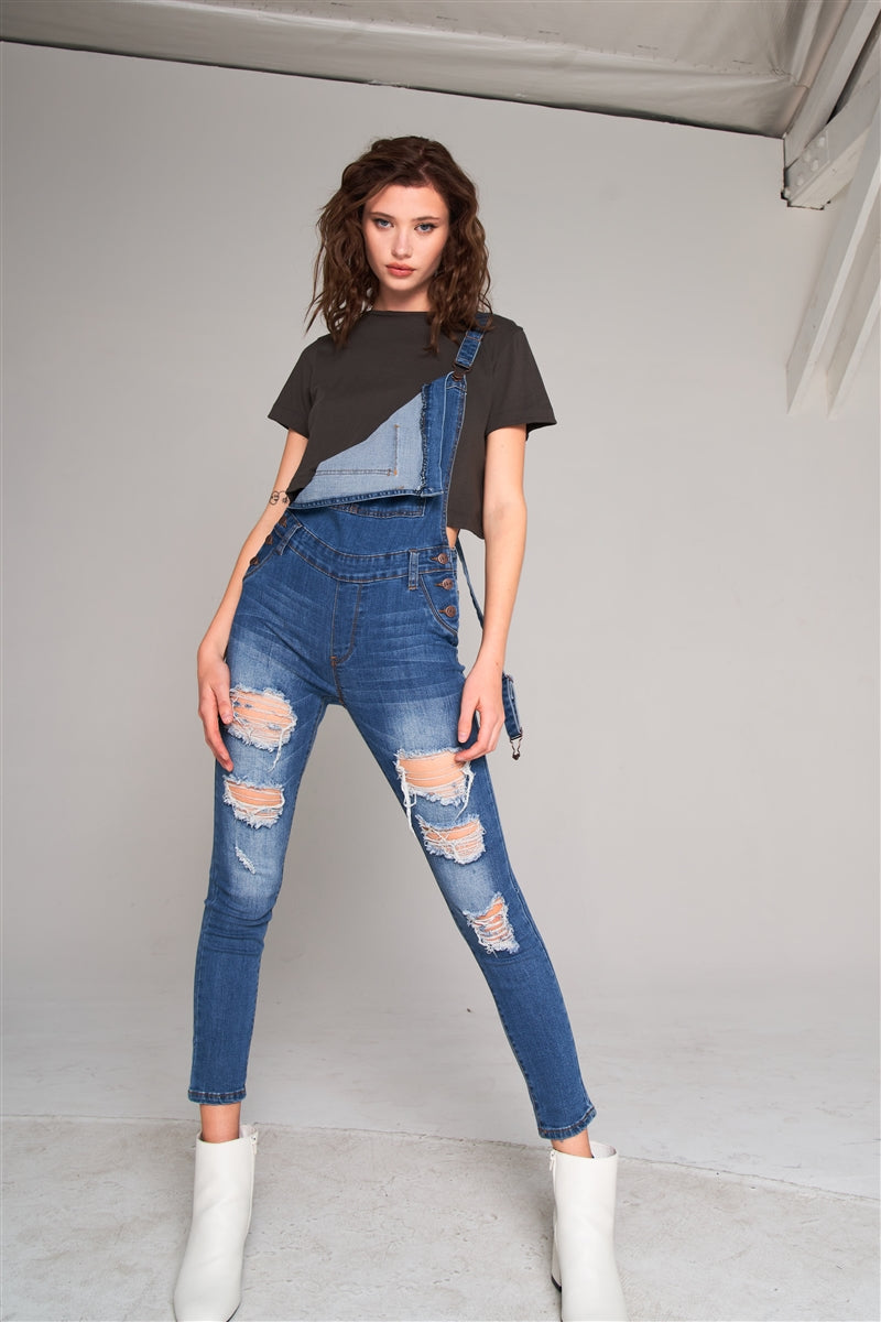 Mid-blue Wash Ripped Sleeveless Square Neck Front Pocket Skinny Denim Overall