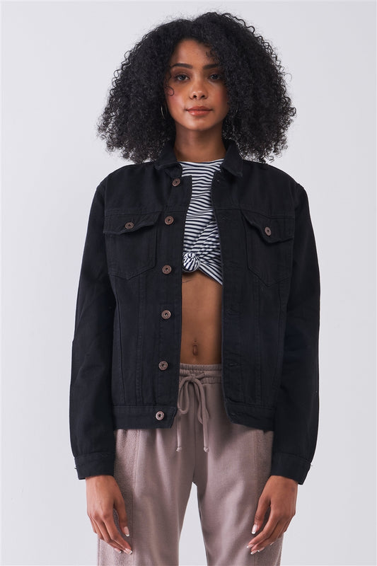 Black Oversized Long Sleeve Classic Denim Jacket