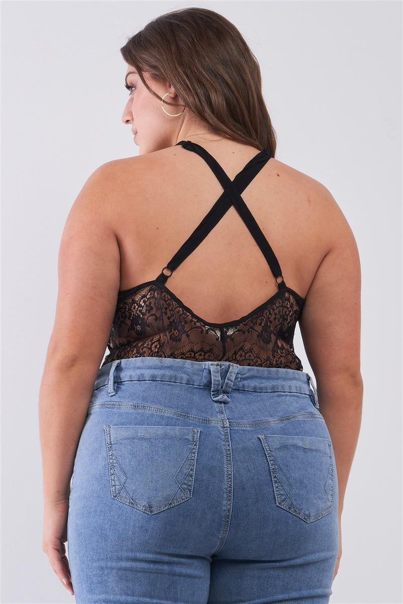 Plus Size Sheer Lace Sleeveless V-neck Criss-cross Back Strap Bodysuit