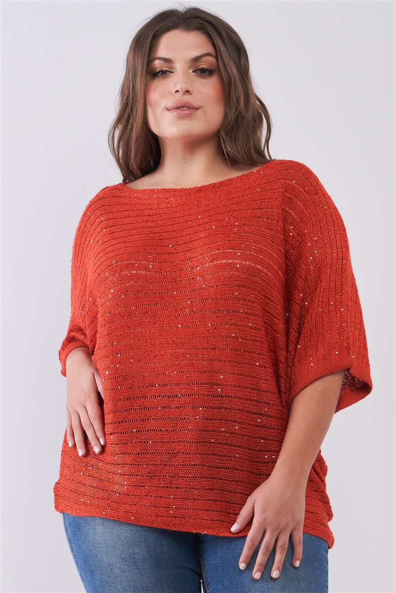 Plus Size Dark Coral Sequin Sheer Knit Bateau Neck Drop Shoulder Loose Fit Top