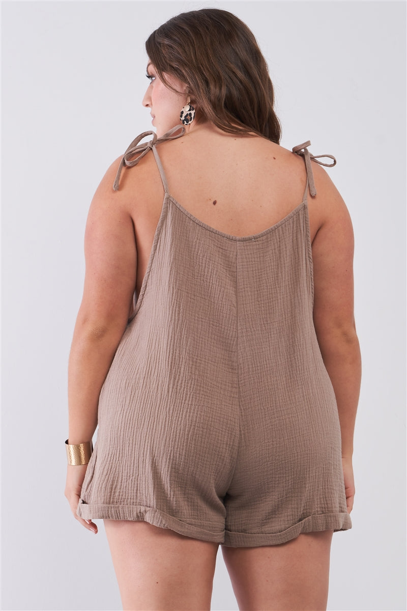 Plus Taupe Square Neck Sleeveless Self-tie Shoulders Drawstrings Front And Side Pockets Cuffed Romper
