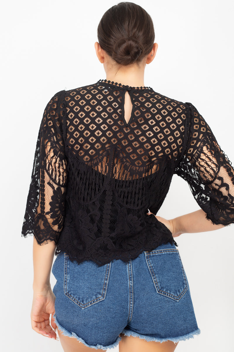 Mock 3/4 Sleeves Lace Designed Top